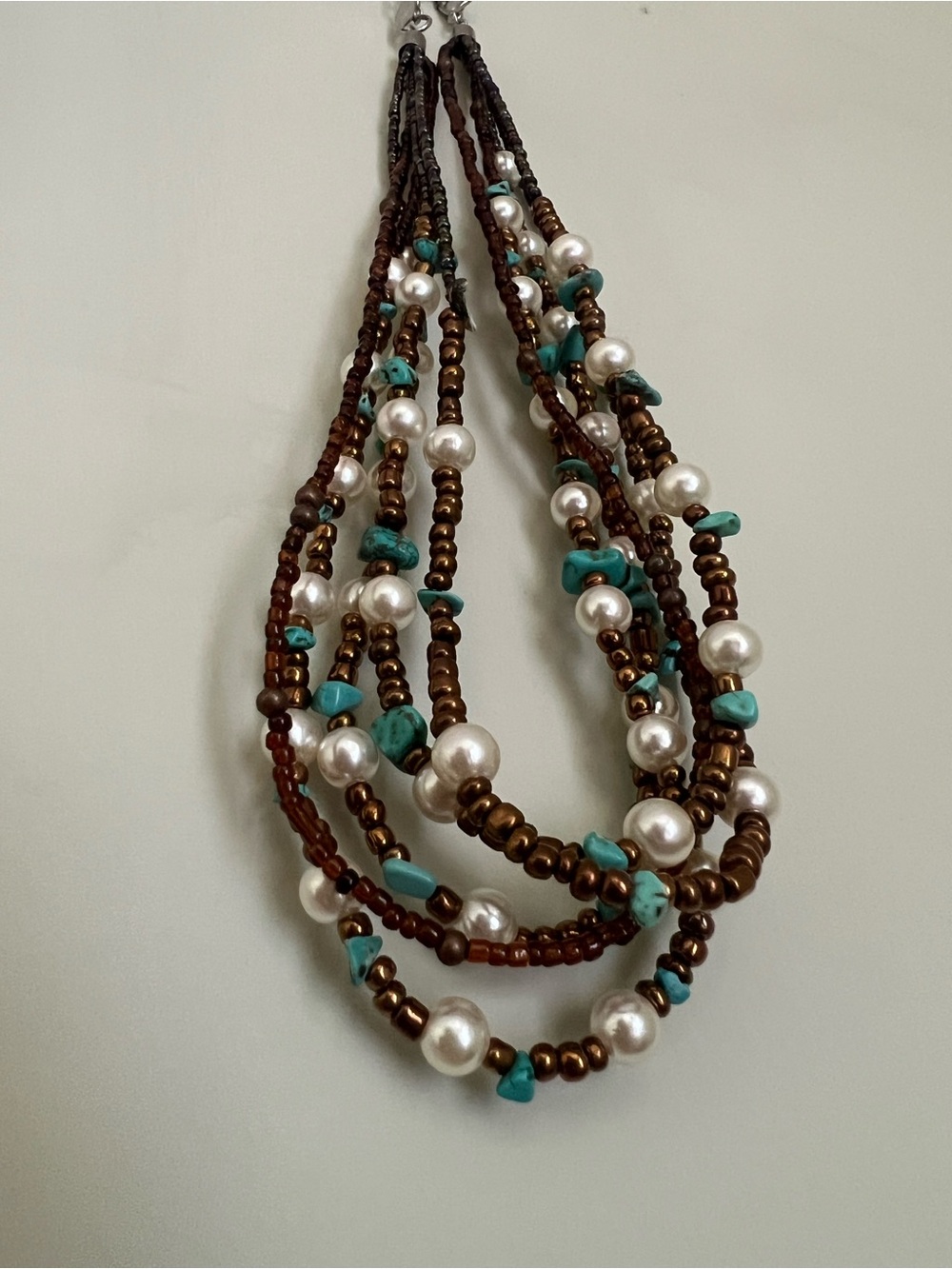 Multi-Strand Brown, Turquoise & Pearl Beaded Necklace